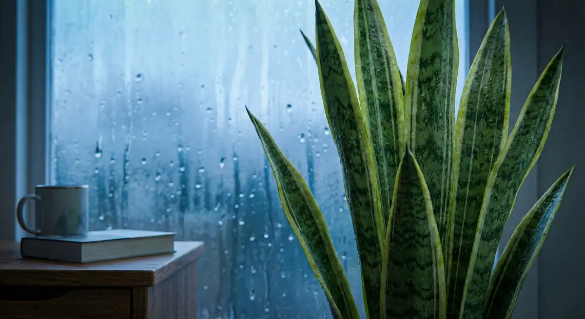 Planta Espada de São Jorge em destaque com fundo de janela de vidro com muita condensação e gotas de água representando umidade.