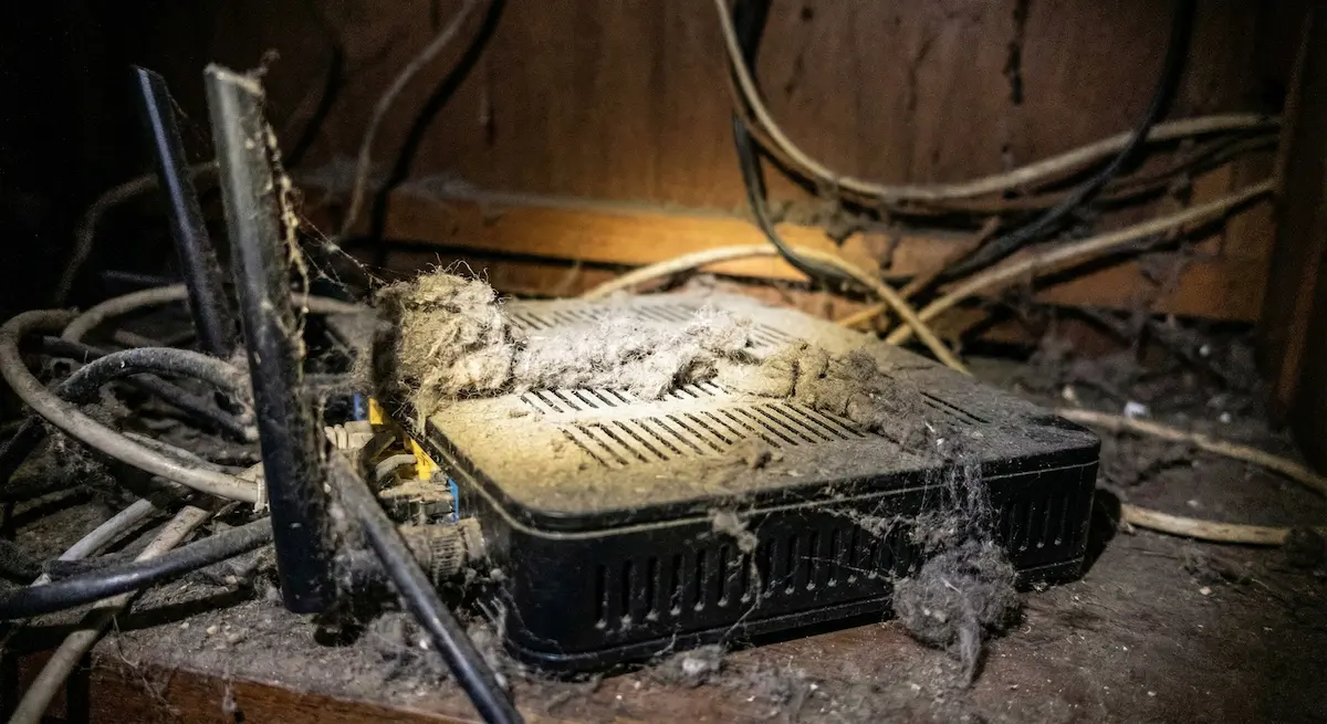Roteador Wi-Fi sujo e empoeirado escondido atrás da TV com cabos bagunçados.